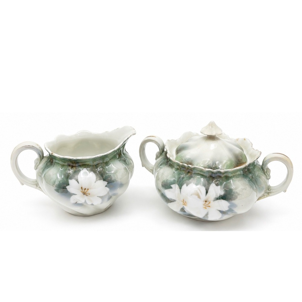RS Germany Antique Porcelain Cream and Sugar Set White Floral Green Scalloped